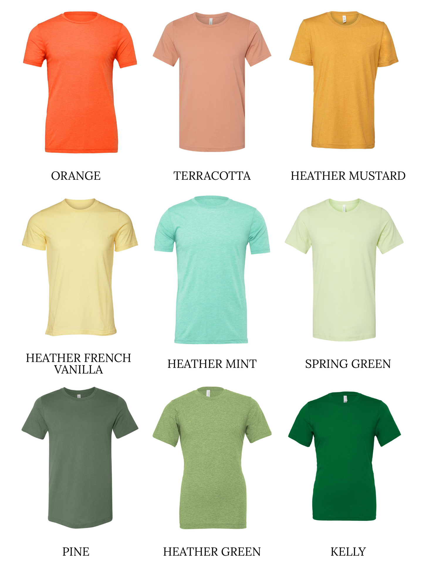Collection of orange and green t-shirts with color labels.