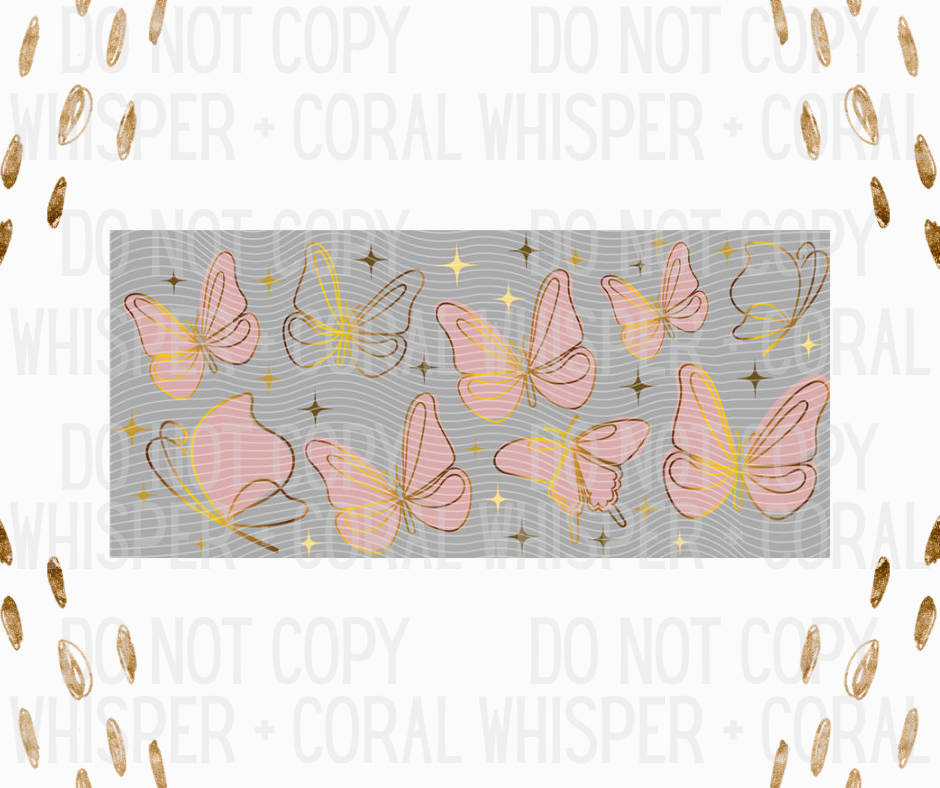 Wrap #35 Pink Butterflies With Gold Outlines