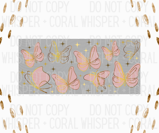 Wrap #35 Pink Butterflies With Gold Outlines